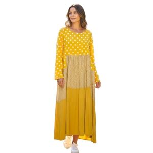 Yellow Polka Dot Patchwork Maxi Dress Colorblock Long Sleeve Boho Gingham 4XL